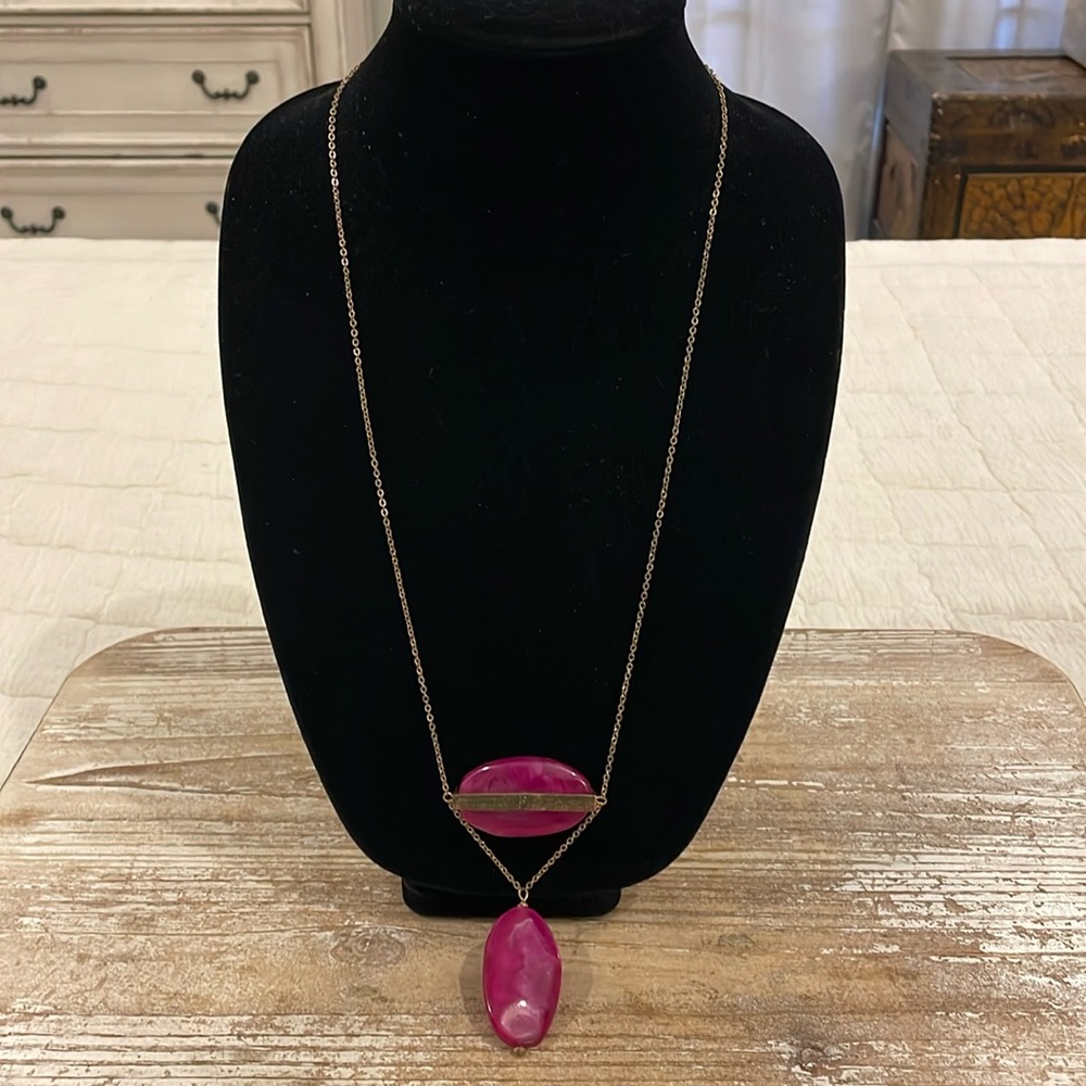 Vintage Gold Tone Pendant Long Purple Pink Statement Necklace
